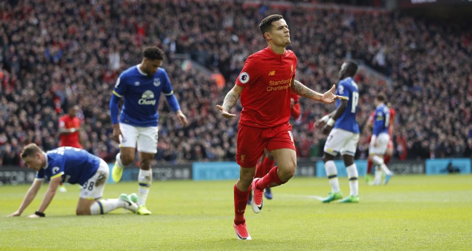 <p>Liverpool’s Philippe Coutinho celebrates scoring their second goal </p>