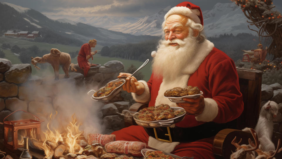 Santa cooking food over an open barbecue
