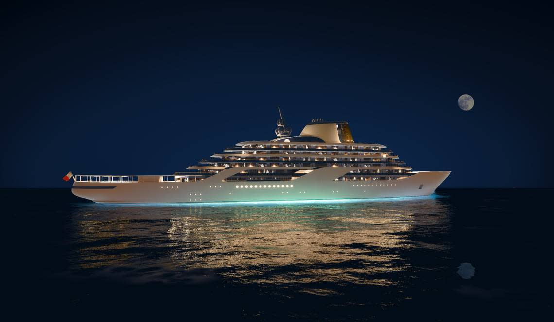 This is another rendering of the first vessel in a three-ship fleet of Four Seasons Yachts.