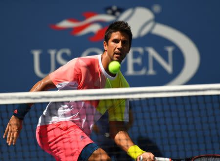 Aug 30, 2016; New York, NY, USA; Fernando Verdasco of Spain hits to Stan Wawrinka of Switzerland (not pictured) on day two of the 2016 U.S. Open tennis tournament at USTA Billie Jean King National Tennis Center. Robert Deutsch-USA TODAY Sports