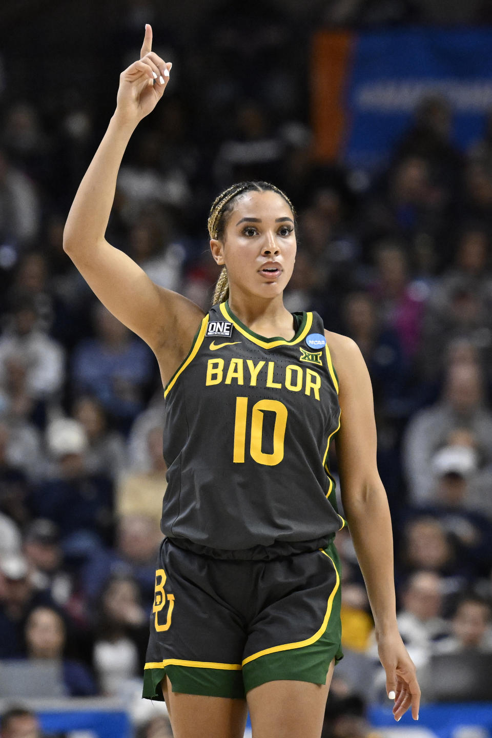 Baylor's Jaden Owens (10) gestures after making a basket in the second half of a second-round college basketball game against UConn in the NCAA Tournament, Monday, March 20, 2023, in Storrs, Conn. (AP Photo/Jessica Hill)
