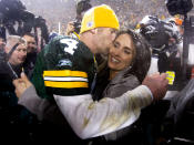 <p>Green Bay Packers’ Brett Favre (4) kisses his wife, Deanna after the second half of an NFL divisional football playoff game Saturday, Jan. 12, 2008, in Green Bay, Wis. The Packers won 42-20. (AP Photo/Mike Roemer)</p>
