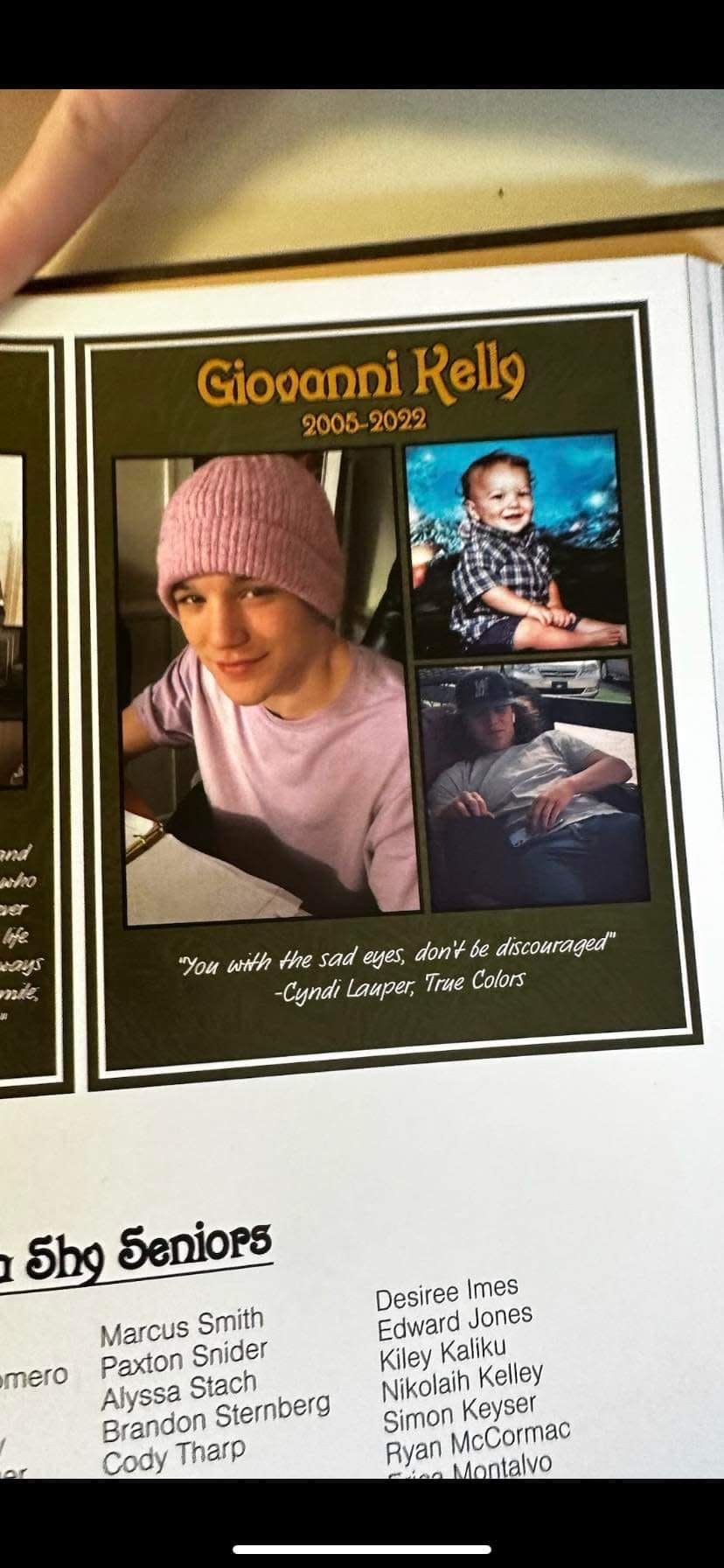 A tribute to Giovanni Kelly in the 2022-23 Waynesboro Area Senior High School yearbook. Kelly was a senior. His mom accepted his diploma on his behalf.