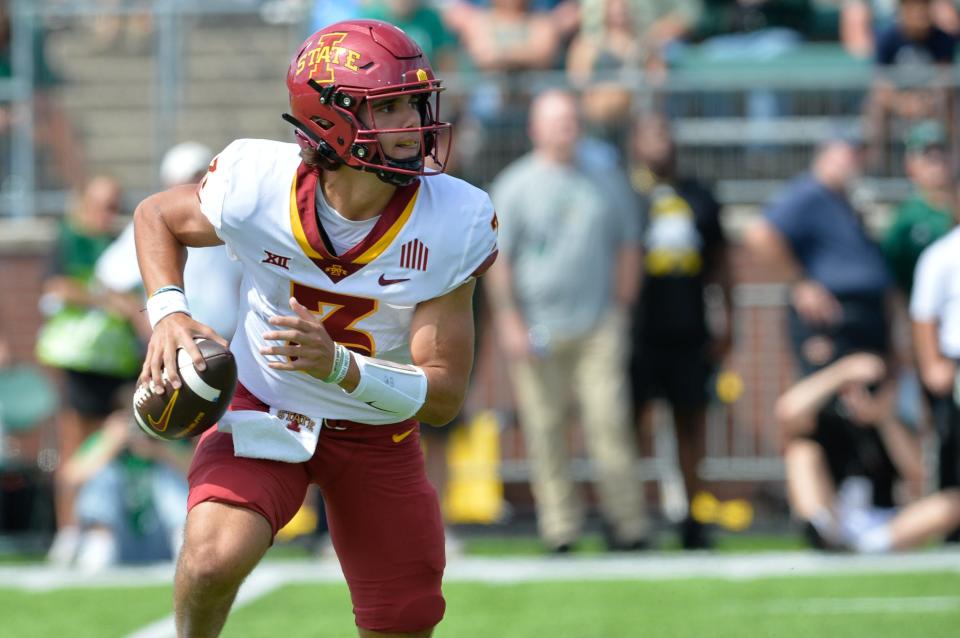 Sep 16, 2023; Athens, Ohio, USA;  Iowa State Cyclones quarterback Rocco Becht (3) runs the ball against the Ohio University Bobcats at Peden Stadium.