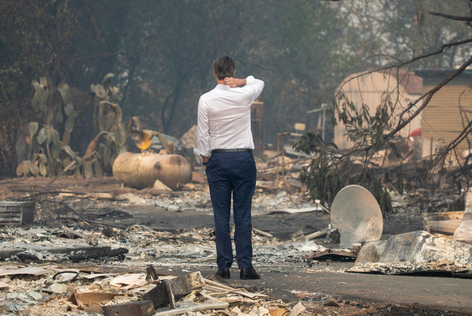 Gov. Gavin Newsom surveys a home destroyed in the Kincade fire on Oct. 25, 2019, in Geyserville, California. (Photo: MediaNews Group/The Mercury News via Getty Images via Getty Images)