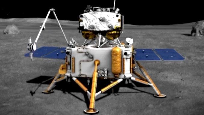 An artist's impression of the Chang'e 5 robotic lunar sample collection spacecraft on the surface of the moon. Samples will be placed inside the ascent vehicle atop the lander for the flight back up to lunar orbit and the trip back to Earth aboard a return capsule. Landing in inner Mongolia is expected in mid December. / Credit: CCTV via The Planetary Society