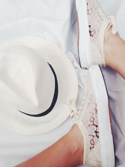 white lace sneakers panama hat