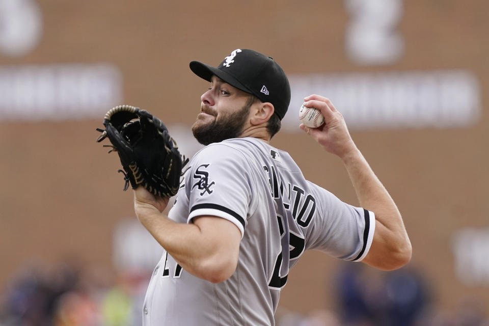 Chicago White Sox starting pitcher Lucas Giolito throws during the first inning of a baseball game against the Detroit Tigers, Friday, April 8, 2022, in Detroit. (AP Photo/Carlos Osorio)