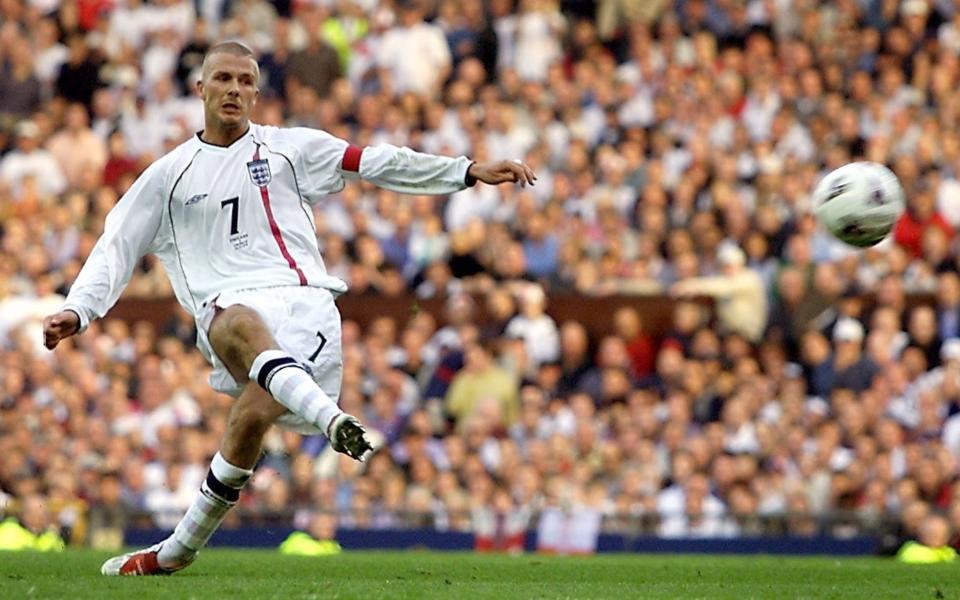 David Beckham scores the free-kick against Greece that ensured England qualified for the 2002 World Cup