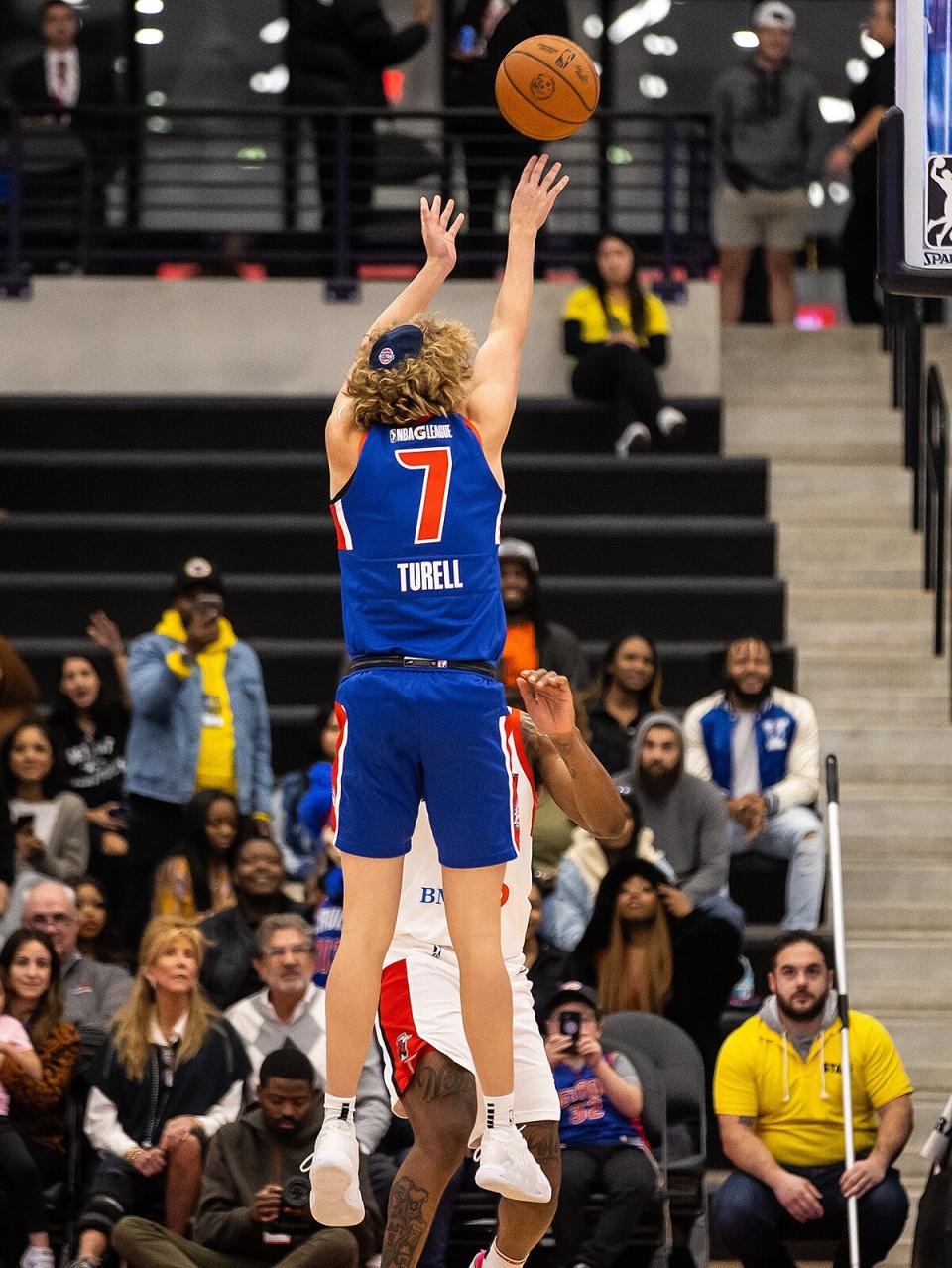 ryan Turell #7 of the Motor City Cruise leaves the court after a game against the Windy City Bulls on November 7, 2022