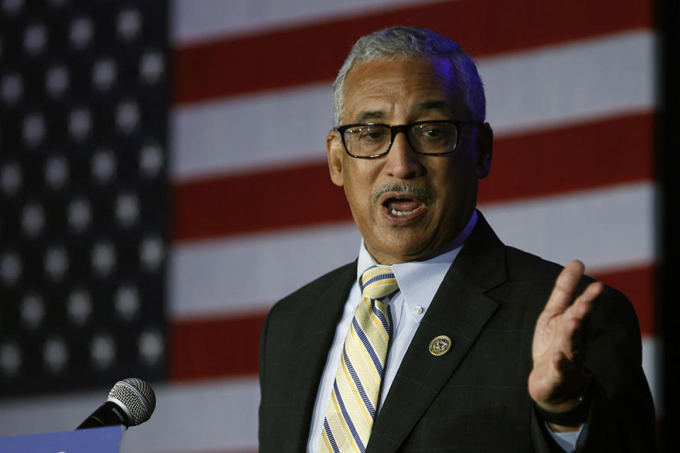 Congressman Bobby Scott, D-Va, gestures during an election party in Falls Church, Va., Tuesday, Nov. 6, 2018. Scott was unopposed in his election. 