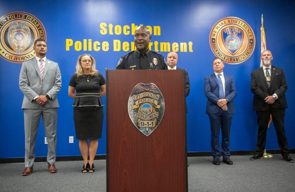 Stockton Police Chief Stanley McFadden speaks during a news conference at the Stockton Police Department headquarters in downtown about the arrest of suspect Wesley Brownlee in the Stockton serial killings Stockton on Saturday, Oct. 15, 2022.