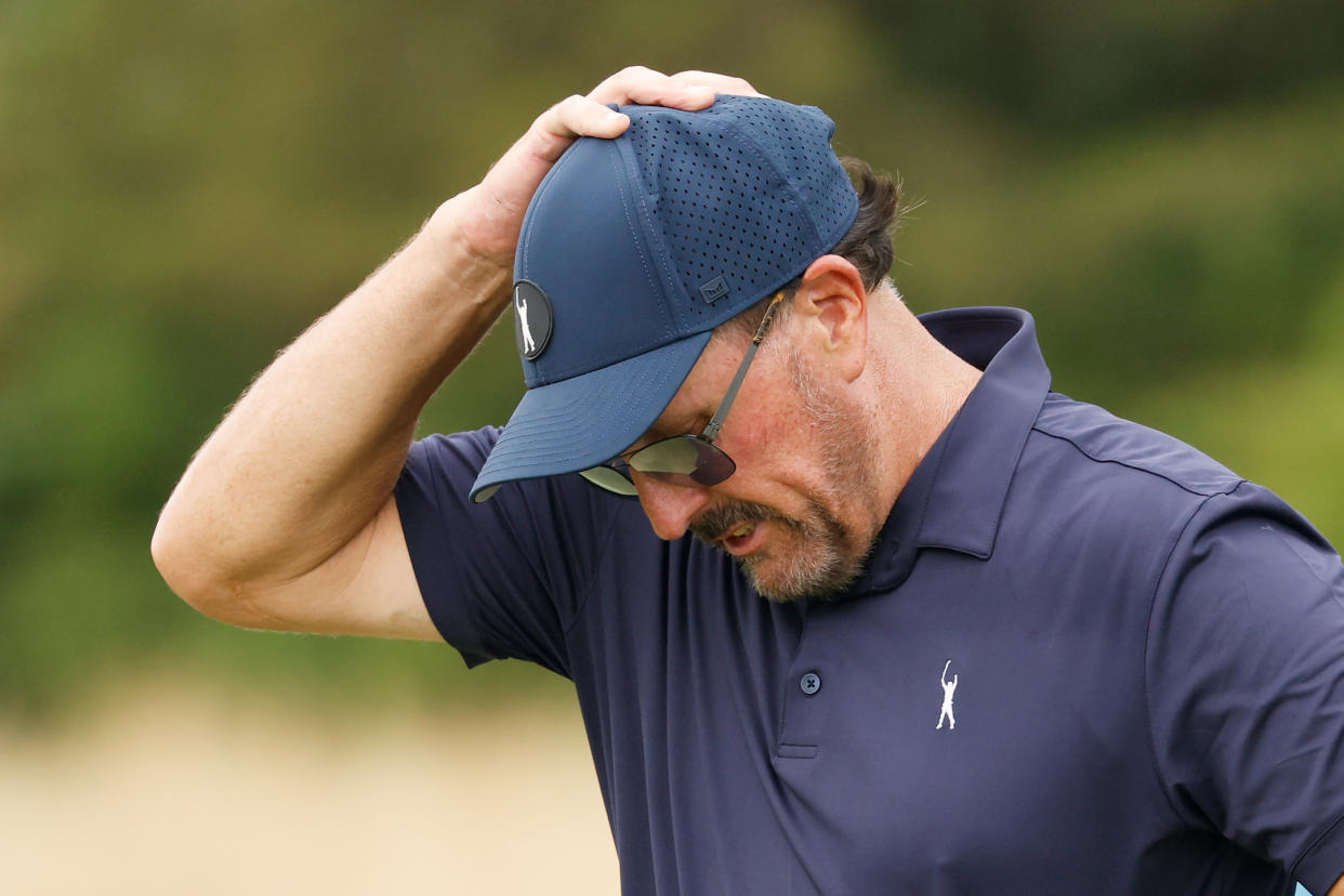 Team Captain Phil Mickelson of Hy Flyers GC reacts during day one of the LIV Golf Invitational on July 29, 2022 in Bedminster, NJ. (Photo by Cliff Hawkins/Getty Images)