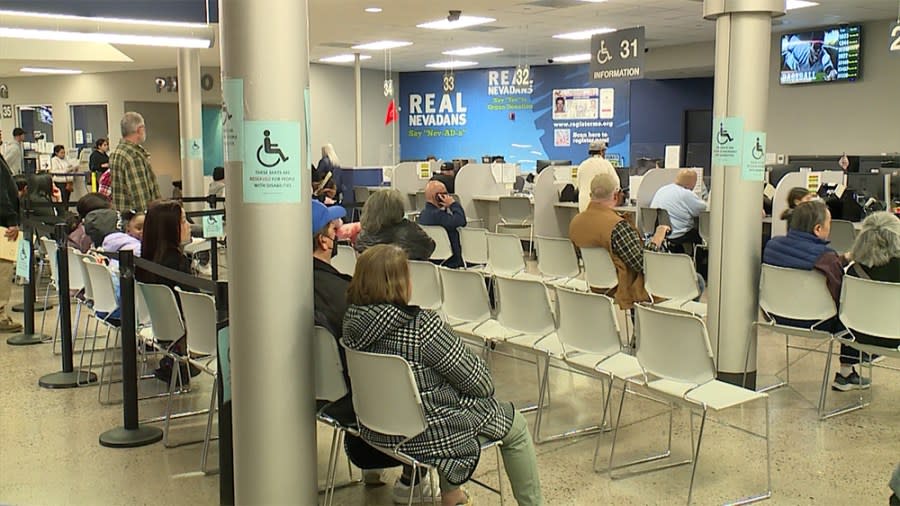 Customers wait for service at a Las Vegas Department of Motor Vehicles office. (KLAS)