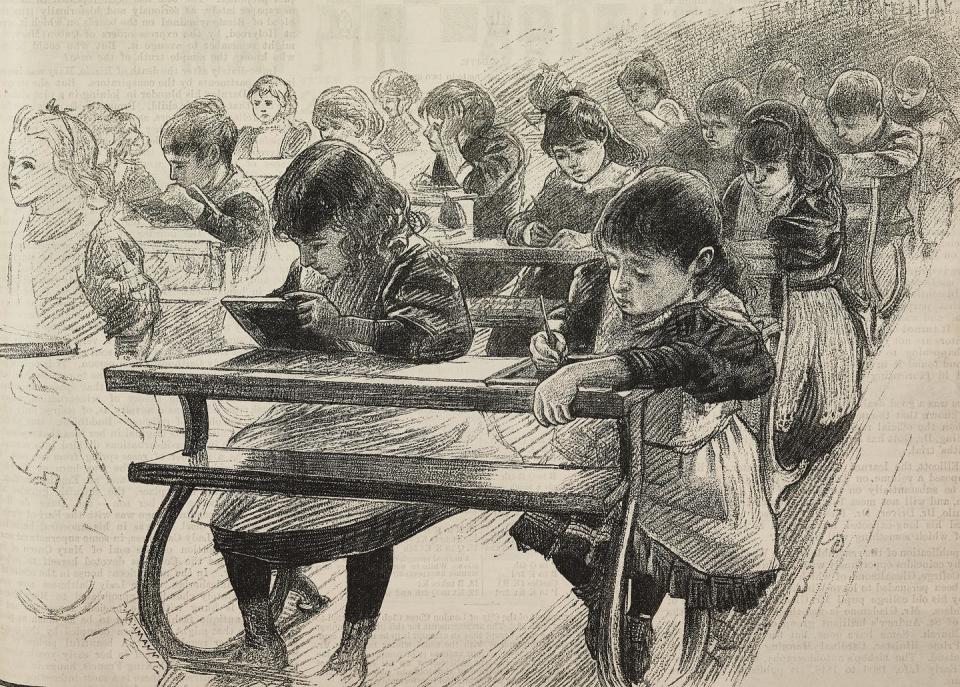 <span class="caption">Uniforms as a form of class disguise: an illustration of students in a classroom from The Illustrated London News in 1891.</span> <span class="attribution"><span class="source">GettyImages</span></span>