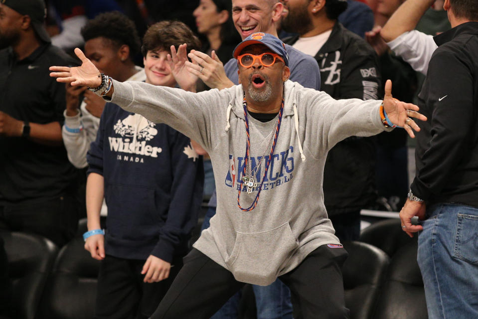 Spike Lee reacts during the fourth quarter between the Brooklyn Nets and the New York Knicks at Barclays Center. Mandatory Credit: Brad Penner-USA TODAY Sports