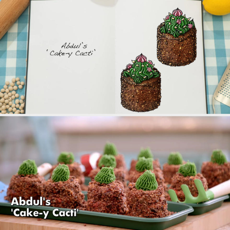 Drawing of Abdul's mini cakes that look like little cacti side by side with the actual bake