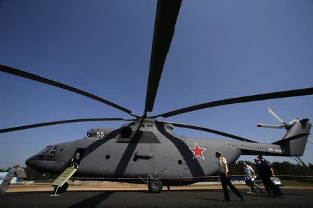 A MI-26 helicopter is on display during the event titled the "Innovations Day" organized by Russia's Western military command at Levashovo airbase outside St. Petersburg, June 6, 2014. REUTERS/Alexander Demianchuk