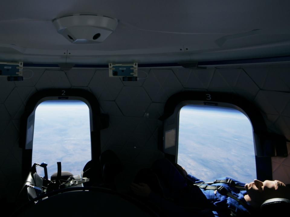 A dummy called Mannequin Skywalker flies onboard the New Shepard in a Blue Origin flight suit on January 14.