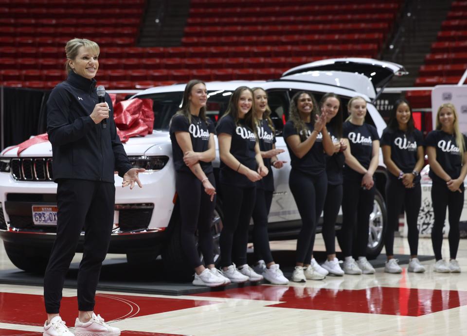 Utah Gymnastics Coach Carly Dockendorf speaks at the Huntsman Center in Salt Lake City on Wednesday, Dec. 13, 2023. A vehicle lease deal was made available to members of the women’s gymnastics and men’s and women’s basketball programs as part of a Name, Image and Likeness (NIL) deal. | Laura Seitz, Deseret News