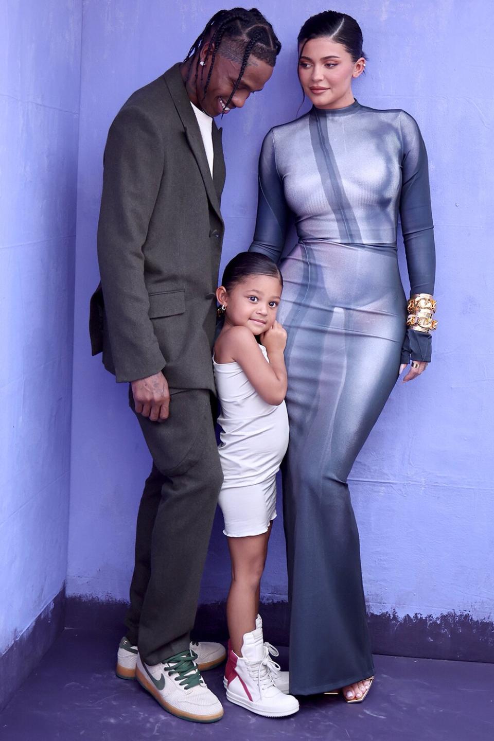 (L-R) Travis Scott, Stormi Webster, and Kylie Jenner attend the 2022 Billboard Music Awards at MGM Grand Garden Arena on May 15, 2022 in Las Vegas, Nevada.