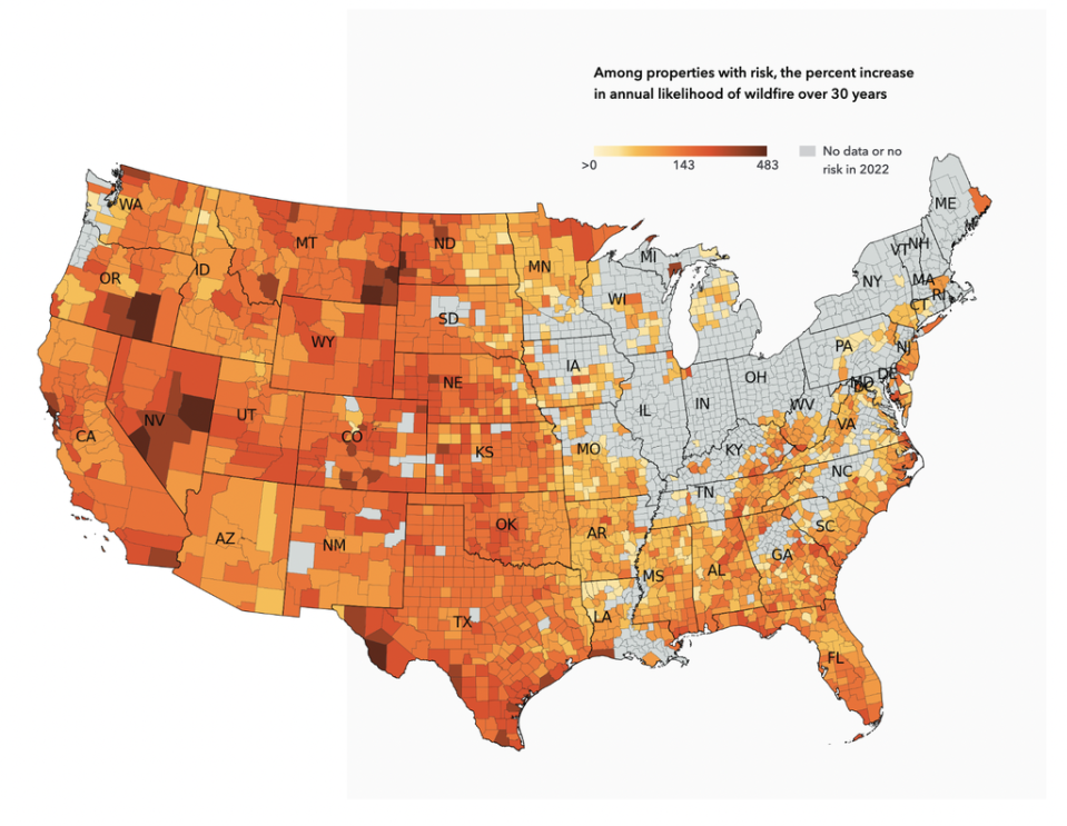 A map of how wildfire risk will increase over the next 30 years, among properties at risk of fire (First Street Foundation)