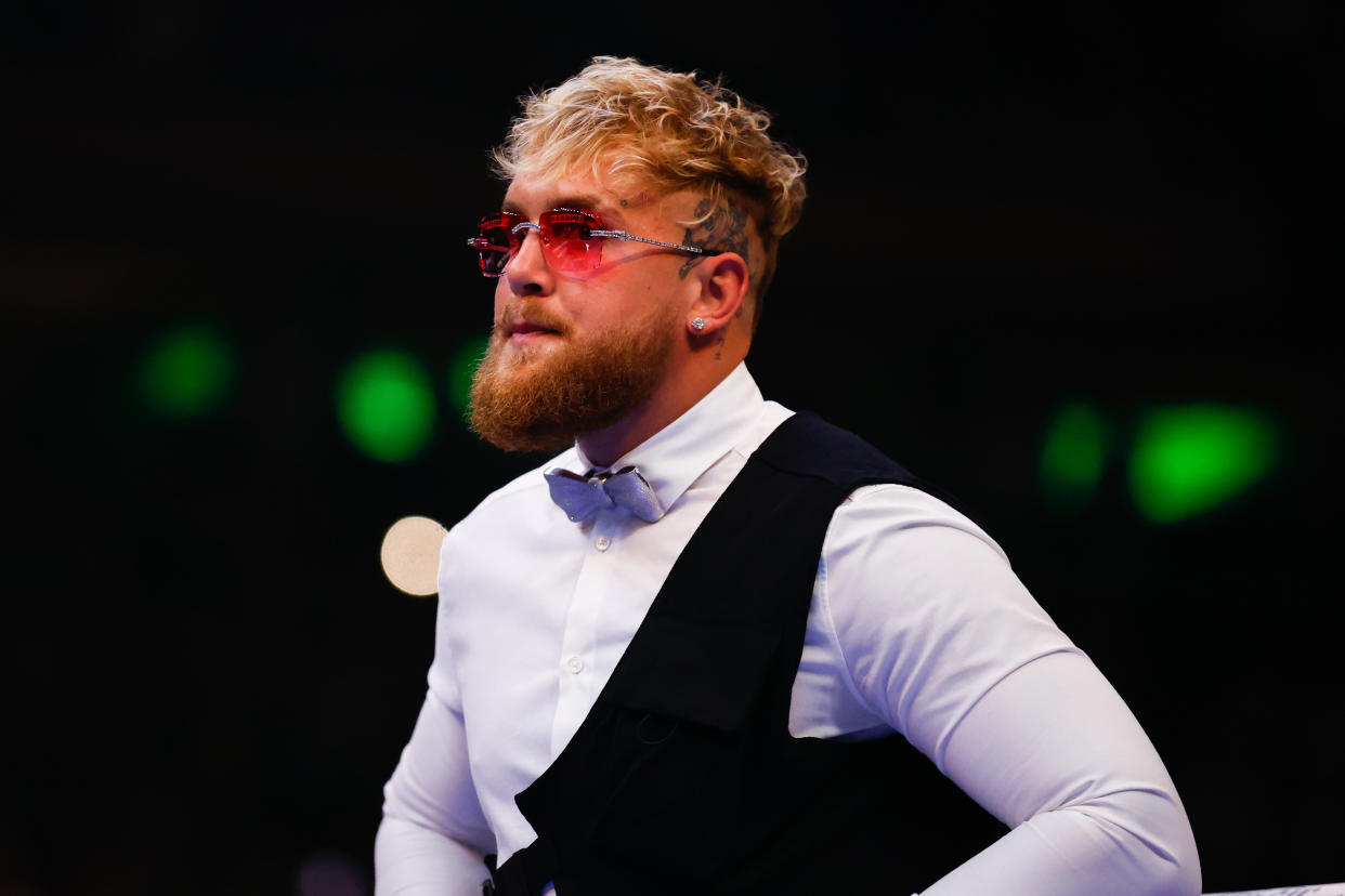 NEW YORK, NY - APRIL 30: Jake Paul in the ring after the Katie Taylor of Ireland and Amanda Serrano of Puerto Rico fight for the Undisputed World Lightweight Championship on April 30, 2022 at Madison Square Garden In New York, New York. (Photo by Rich Graessle/Icon Sportswire via Getty Images)