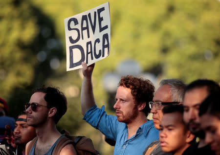 Supporters of the Deferred Action for Childhood Arrivals (DACA) program rally on Olivera Street in Los Angeles, California, September 5, 2017. REUTERS/ Kyle Grillot