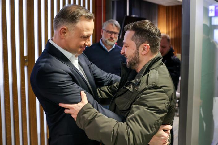 Zelensky and Duda at Rzeszow-Jasionka Airport in Poland today (KPRP/Reuters)