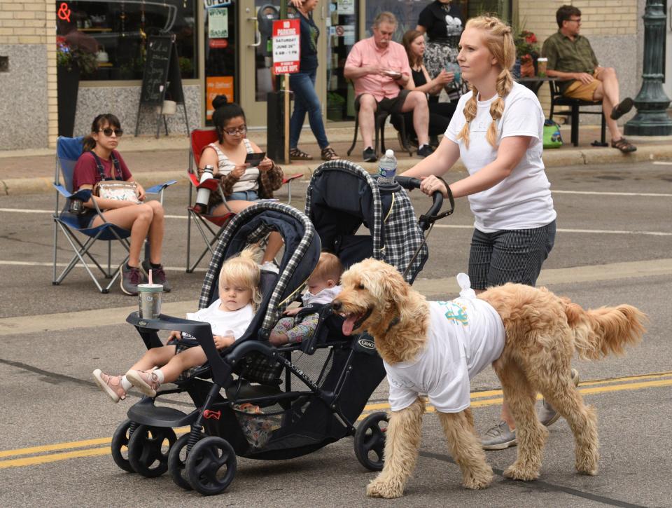 A dog sports a shirt for the St. Cloud School of Music during the Granite City Days Parade Saturday, June 26, 2021, in St. Cloud.