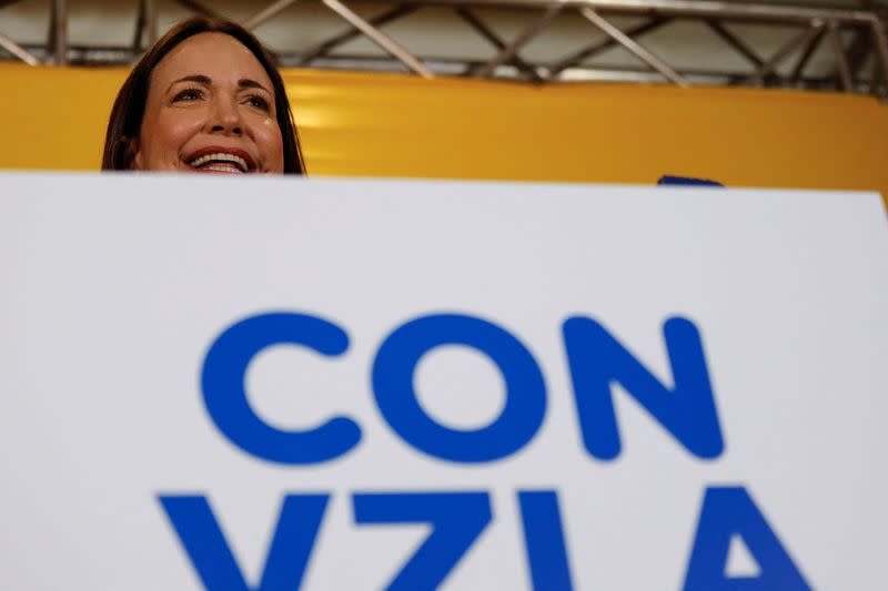 Maria Corina Machado, the winner of Venezuela's opposition presidential primary, addresses the media, in Caracas