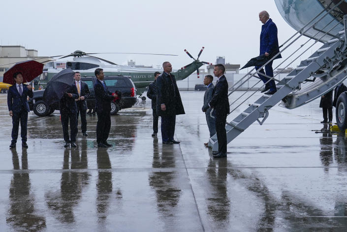 President Joe Biden walks down the the steps of Air Force One at Marine Corps Air Station Iwakuni in Iwakuni, Japan, Thursday, May 18, 2023. Biden is traveling to attend the G-7 Summit in Hiroshima, Japan. (AP Photo/Susan Walsh)