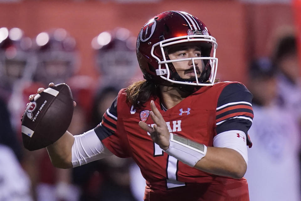 Utah quarterback Cameron Rising (7) throws against Arizona during the first half of an NCAA college football game Saturday, Nov. 5, 2022, in Salt Lake City. (AP Photo/Rick Bowmer)