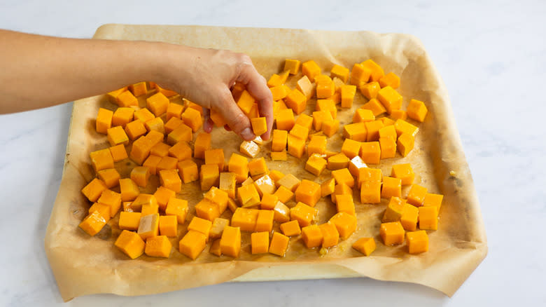 Pumpkin cubes on a tray 