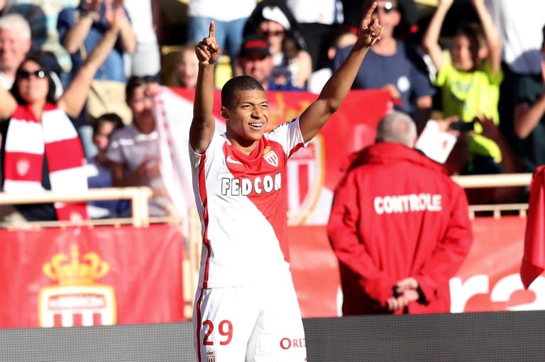 Monaco's forward Kylian Mbappe Lottin celebrates after scoring a goal on April 29, 2017