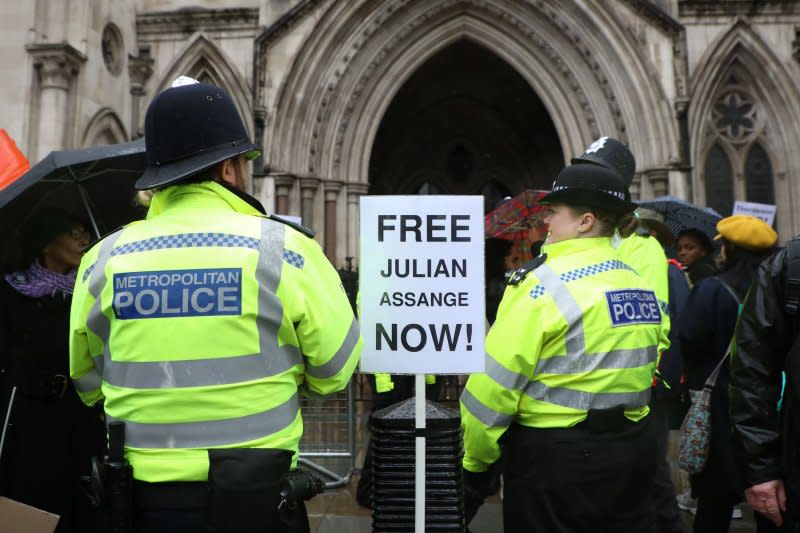 Lawyers for Julian Assange argued the U.S. prosecution was politically motivated and a threat to journalism. Photo by Hugo Philpott/UPI
