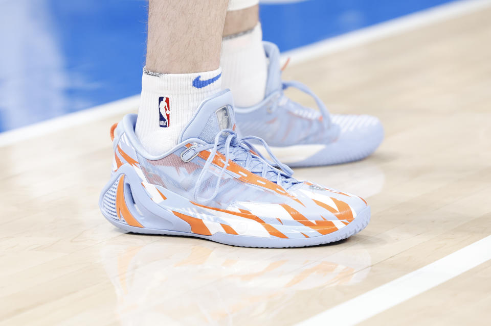 Feb 22, 2024; Oklahoma City, Oklahoma, USA; A close up view of Oklahoma City Thunder forward Gordon Hayward’s shoes during the second quarter against the LA Clippers at Paycom Center. Mandatory Credit: Alonzo Adams-USA TODAY Sports