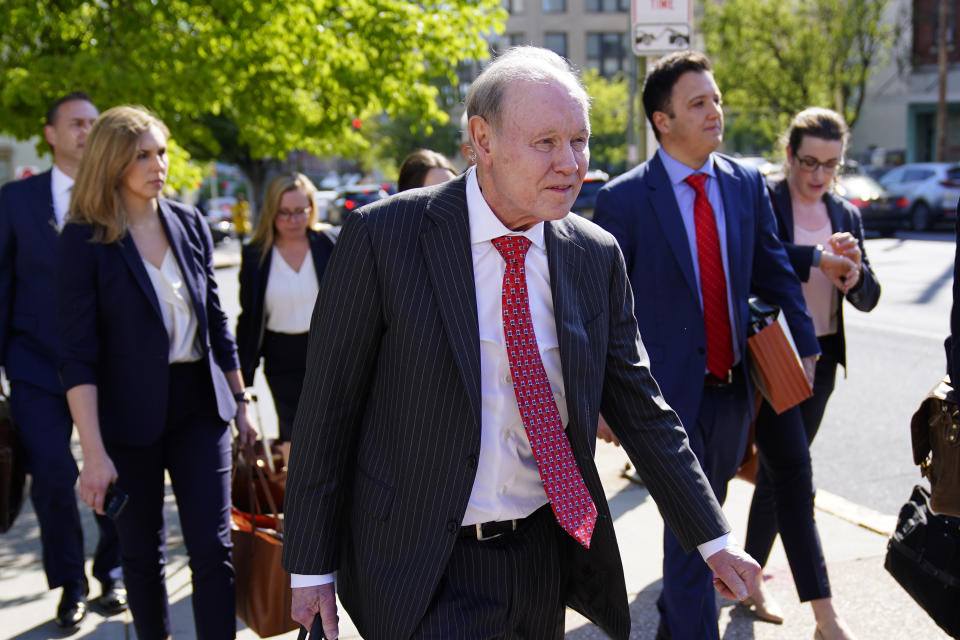 FILE - Fox News attorney Daniel Webb walks from the New Castle County Courthouse in Wilmington, Del., after the defamation lawsuit by Dominion Voting Systems against Fox News was settled just as the jury trial was set to begin, Tuesday, April 18, 2023. (AP Photo/Matt Rourke, File)