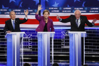 From left, Democratic presidential candidates, former New York City Mayor Mike Bloomberg, Sen. Elizabeth Warren, D-Mass., Sen. Bernie Sanders, I-Vt., participate in a Democratic presidential primary debate Wednesday, Feb. 19, 2020, in Las Vegas, hosted by NBC News and MSNBC. (AP Photo/John Locher)