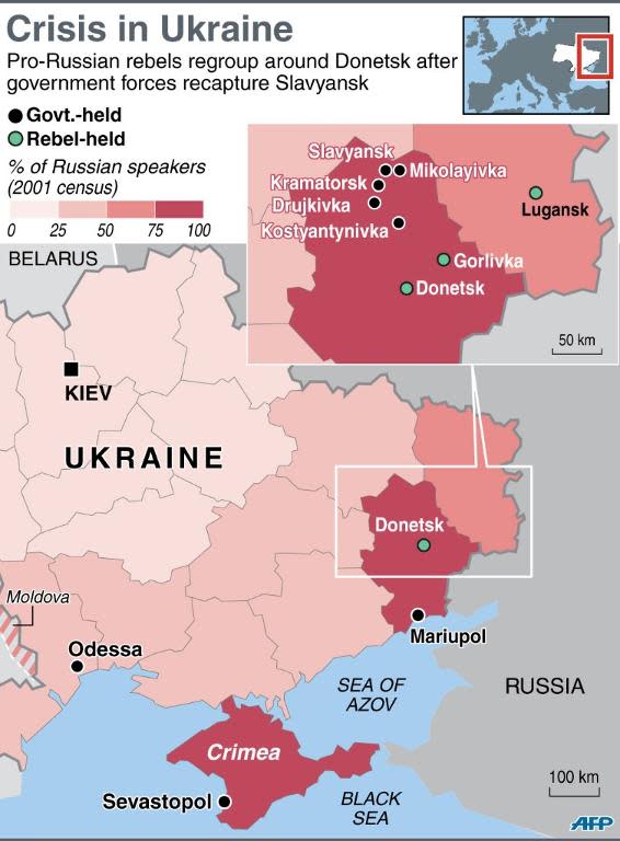 Map of eastern Ukraine showing who controls which cities in the east