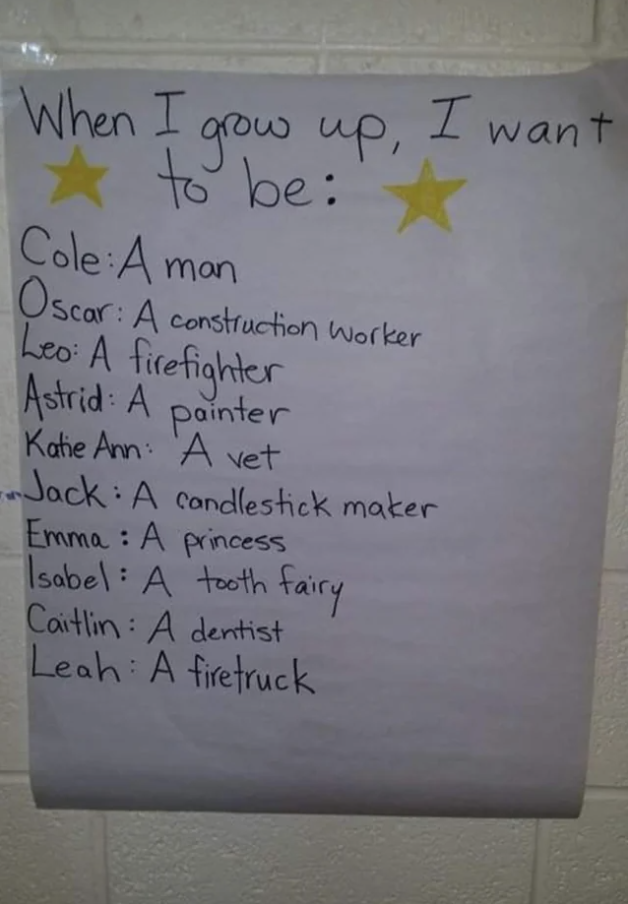 "When I grow up, I want to be" handwritten sign, with different children's answers, including "Cole: A man," "Emma: A princess," "Leo: A firefighter," "Caitlin: A dentist," and "Leah: A firetruck"