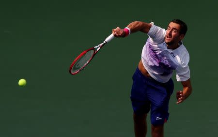 Sep 2, 2015; New York, NY, USA; Marin Cilic of Croatia serves to Evgeny Donskoy of Russia on day three of the 2015 U.S. Open tennis tournament at USTA Billie Jean King National Tennis Center. Mandatory Credit: Jerry Lai-USA TODAY Sports