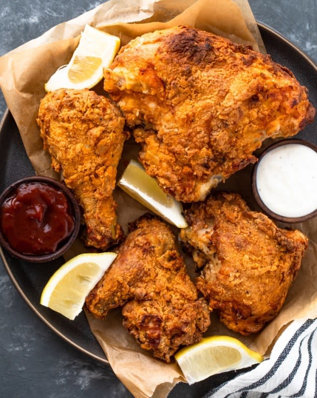 <p>Super crispy on the outside and tender and juicy, this air fried chicken is loaded with spices and tastes way better than frying in oil and is so much healthier too!</p><p><strong>Get the recipe: <a href="https://gimmedelicious.com/air-fryer-fried-chicken/" rel="nofollow noopener" target="_blank" data-ylk="slk:Air Fryer Fried Chicken;elm:context_link;itc:0;sec:content-canvas" class="link rapid-noclick-resp">Air Fryer Fried Chicken</a></strong></p>