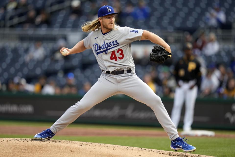 Dodgers pitcher Noah Syndergaard delivers during the first inning against the Pittsburgh Pirates in Pittsburgh.