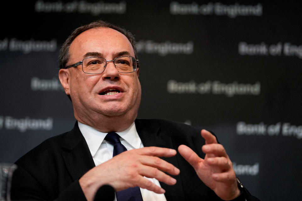 Governor of the Bank of England Andrew Bailey addresses the media on the Monetary Policy Report at the Bank of England in London, Britain May 5, 2022. Frank Augstein/Pool via REUTERS