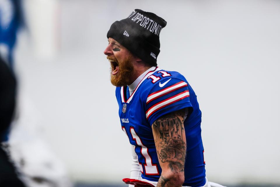 Buffalo Bills wide receiver Cole Beasley (11) reacts as he runs on the field for an NFL football game against the Atlanta Falcons Sunday, Jan. 2, 2022, in Orchard Park, N.Y. (AP Photo/Joshua Bessex)