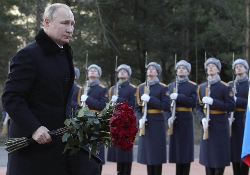 President Vladimir Putin attends a wreath laying commemoration ceremony for the 77th anniversary since the Leningrad siege was lifted during the World War Two at the Boundary Stone monument, around 50 kilometers east of St.Petersburg, Russia, Saturday, Jan. 18, 2020. (Alexei Danichev, Sputnik, Kremlin Pool Photo via AP)