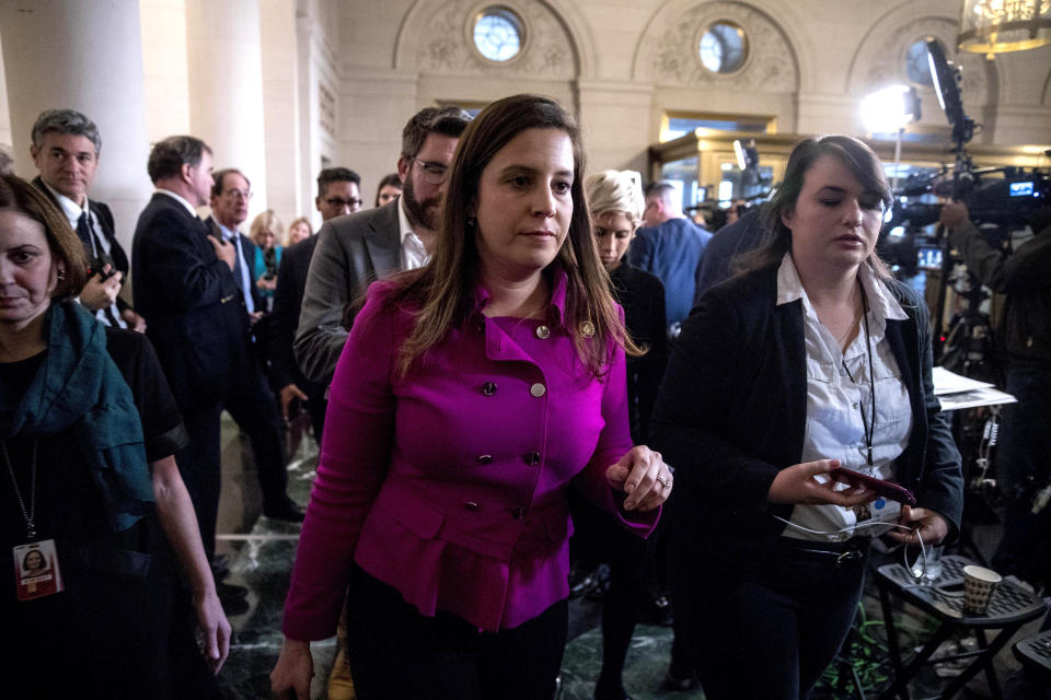 Rep. Elise Stefanik, R-N.Y., departs after speaking to members of the media following testimony from former U.S. Ambassador to Ukraine Marie Yovanovitch before the House Intelligence Committee on Capitol Hill in Washington, Friday, Nov. 15, 2019, during the second public impeachment hearing of President Donald Trump's efforts to tie U.S. aid for Ukraine to investigations of his political opponents. (AP Photo/Andrew Harnik)