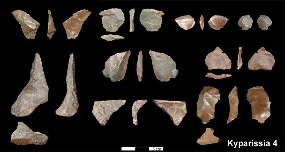 In this undated photo provided by the Greek Culture Ministry, on Thursday, June 1, 2023 shows stone tools dated about 700,000 years ago. The Culture Ministry said that a five-year international project in Megalopolis, southern Greece, has uncovered the oldest-known archaeological site in the country, pushing back the dawn of Greek archaeology by up to 250,000 years. (Greek Culture Ministry via AP)