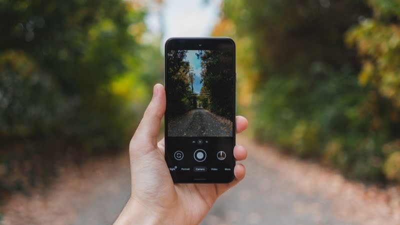  Google Pixel 5 camera app pointed at a pathway through trees outdoors. 